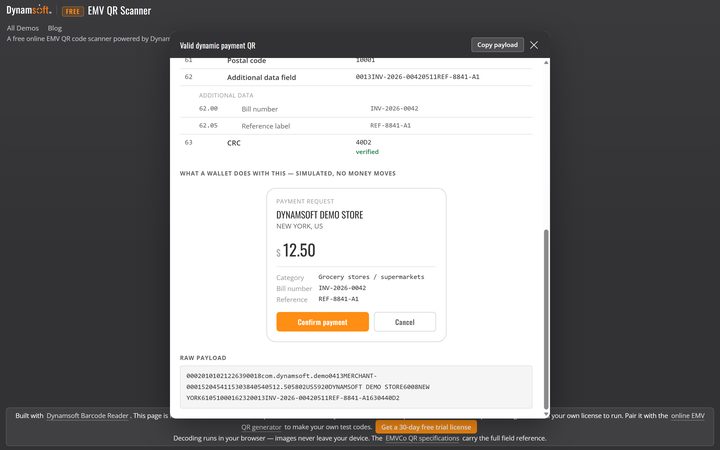 在线 EMV 支付二维码扫描器界面截图