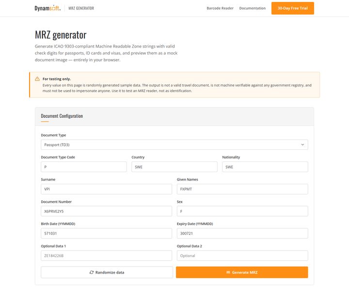 在线 MRZ 机读区生成器界面截图